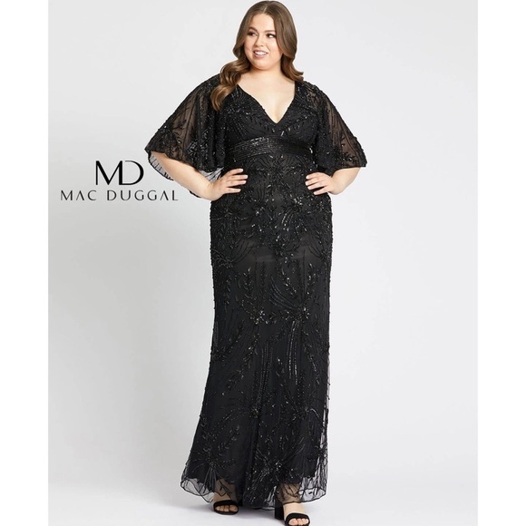 Mac Duggal Cape Sleeve Beaded Dress - Picture 1 of 7